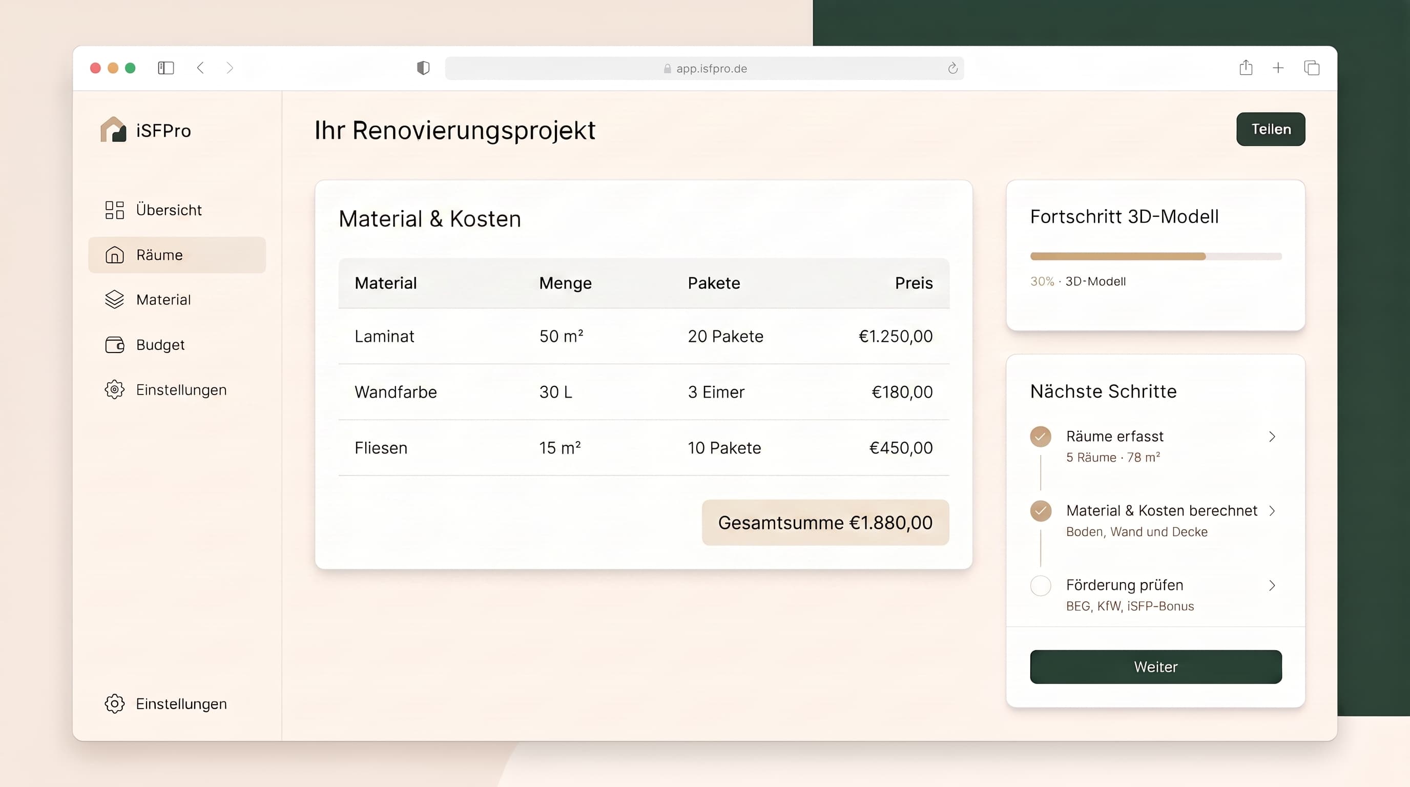 Material und Kosten mit Gesamtsumme