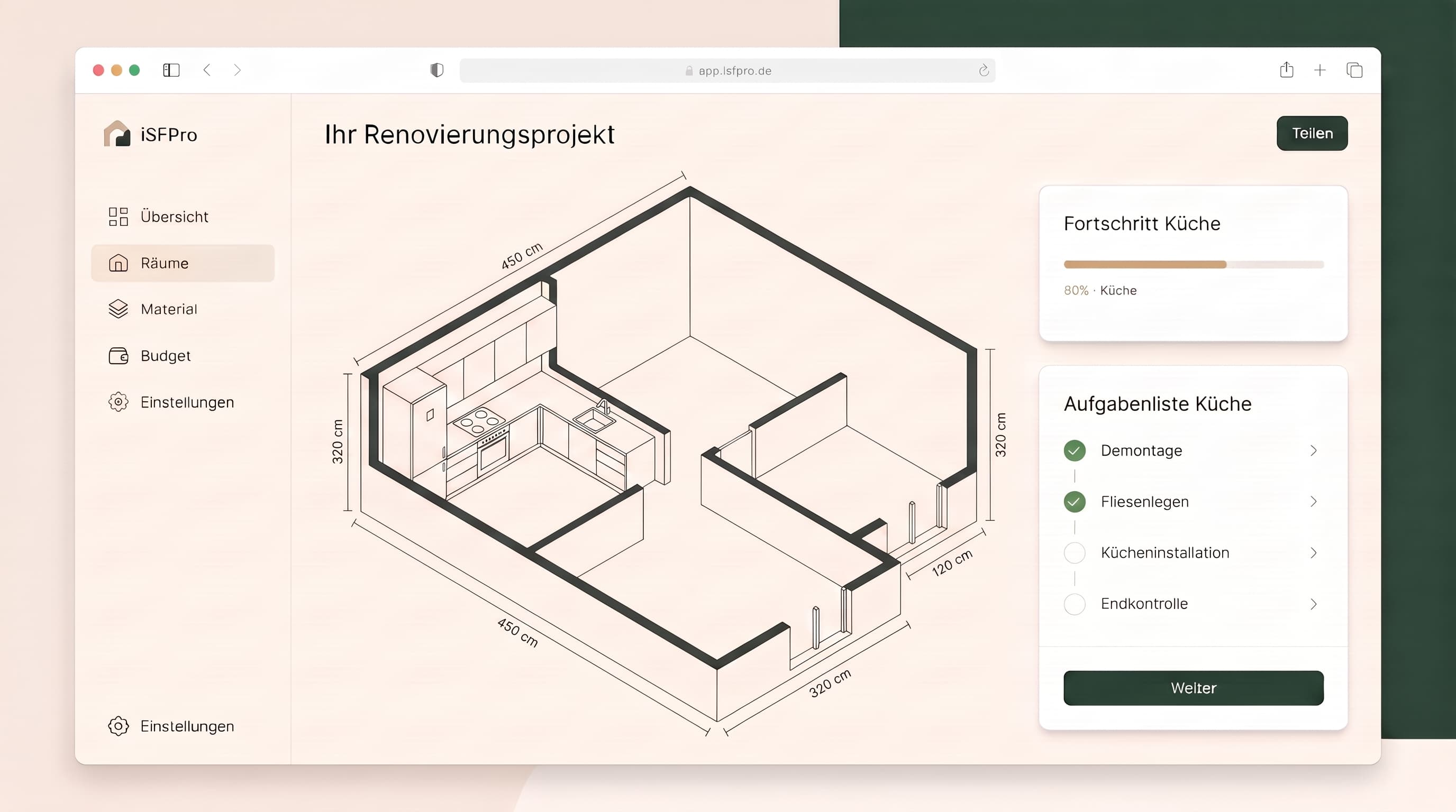 Raum-Detail: Grundriss mit Maßen und Aufgabenliste