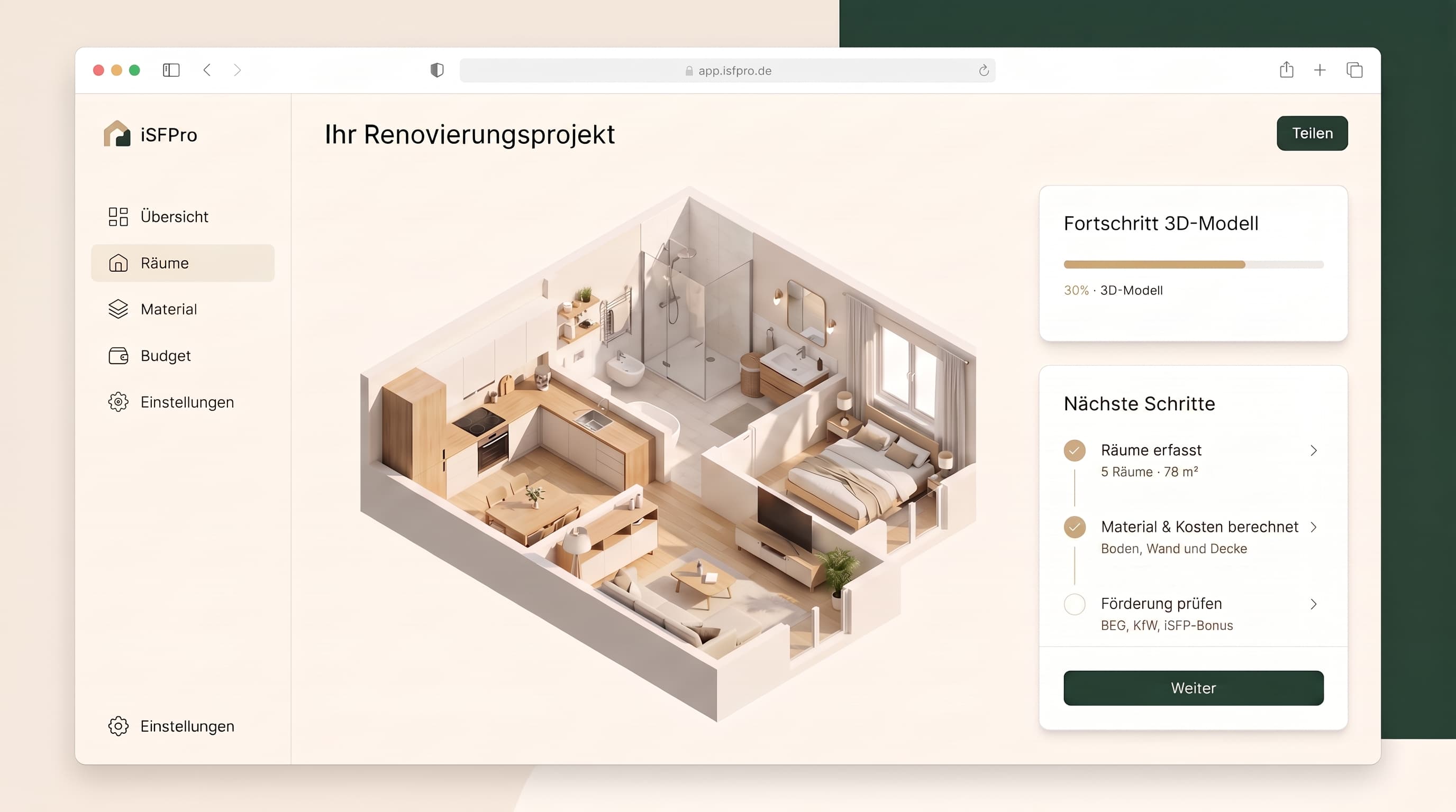 iSFPro-Dashboard mit 3D-Modell der Wohnung